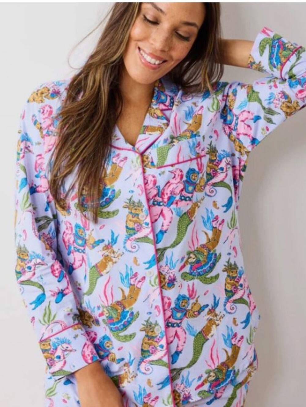 PrintFresh Deep Sea Divers Mermaid Cats Dog Scuba Long Sleeve Pajama Top XL Rare